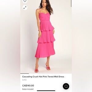 LULUS Cascading Crush Hot Pink Tiered Bustier Midi Dress